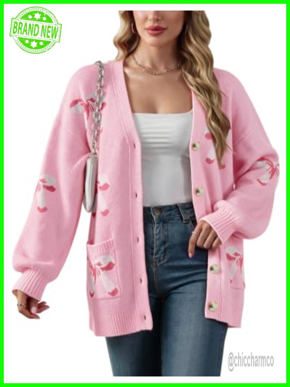 Womens Oversized Bow Button Long Sleeve Cardigan Sweater Lantern Sleeve